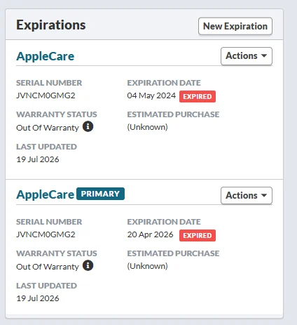 A Mac's expirations card showing AppleCare coverage and warranty status