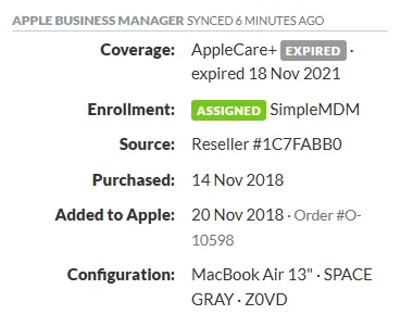 A Mac's Apple Business Manager details: AppleCare+ coverage, MDM assignment, reseller, purchase date, order number and configuration