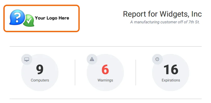 A report header with the subscriber's own logo in place of Watchman Monitoring's