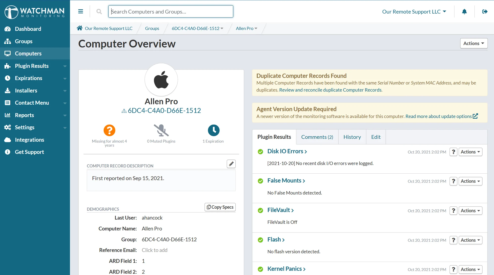 The Watchman Monitoring Dashboard showing a Mac's computer overview and plugin results