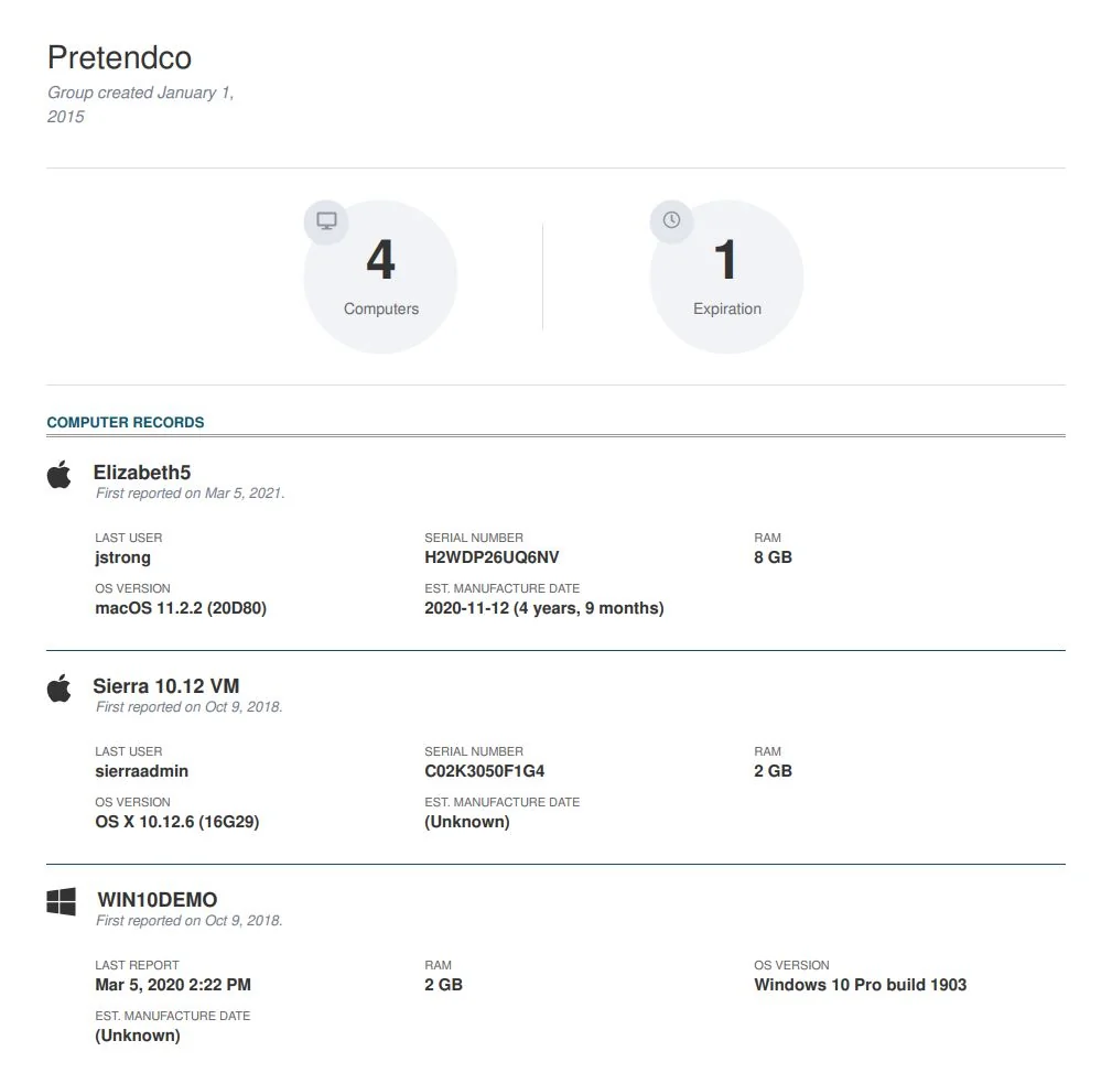 A group health report with computer counts, expirations and each computer's details