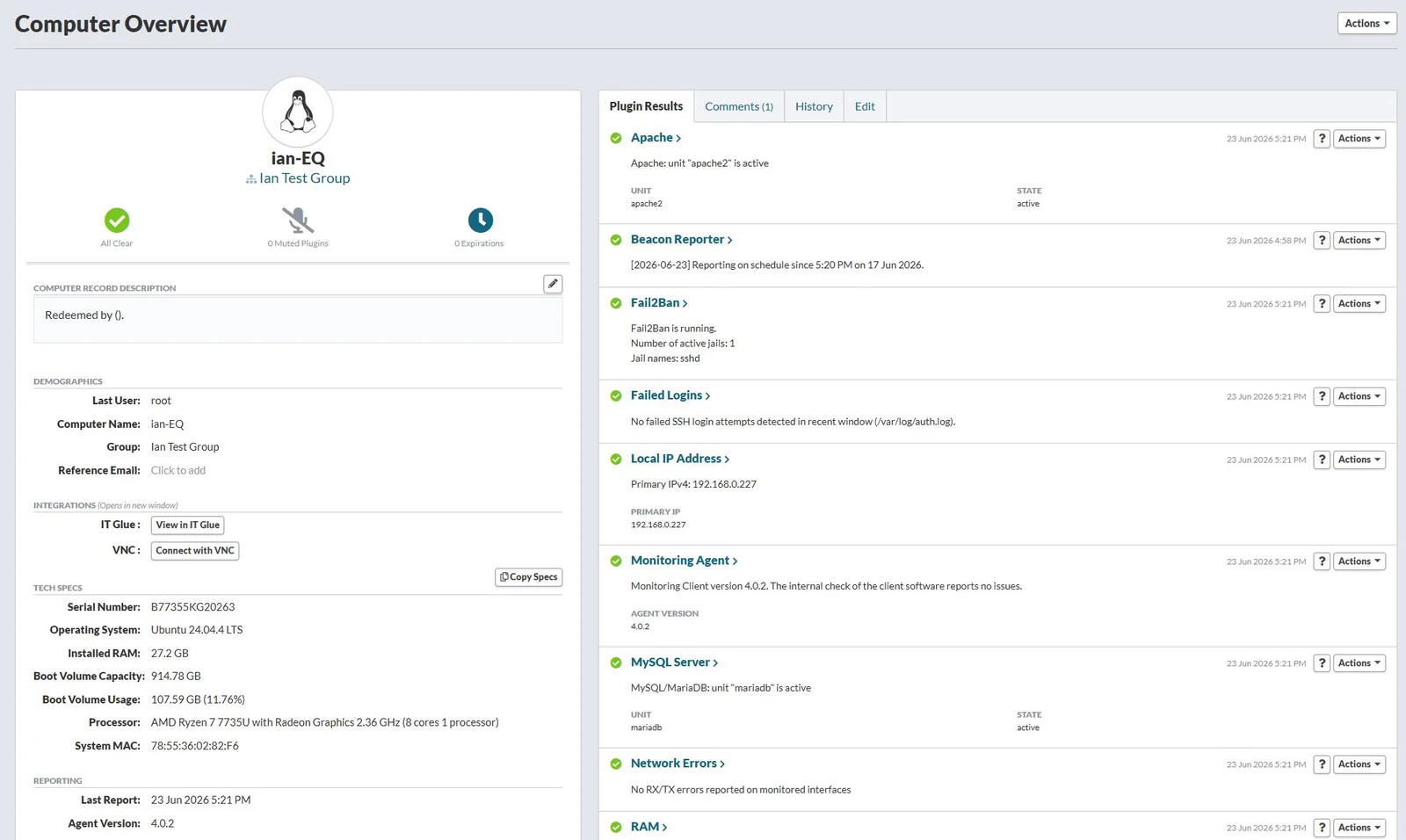 Linux hosts in the Watchman Monitoring Dashboard alongside Mac and Windows computers