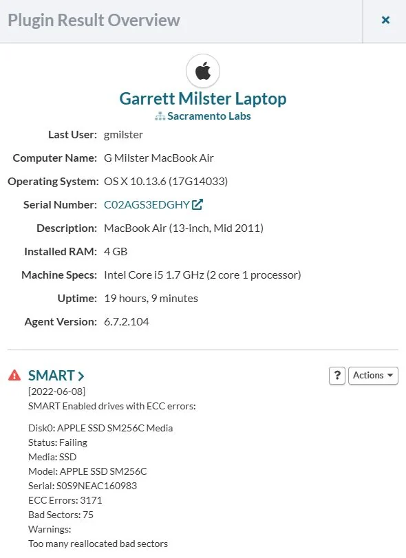 A plugin result for a Mac's failing SSD, with its SMART errors and bad sectors