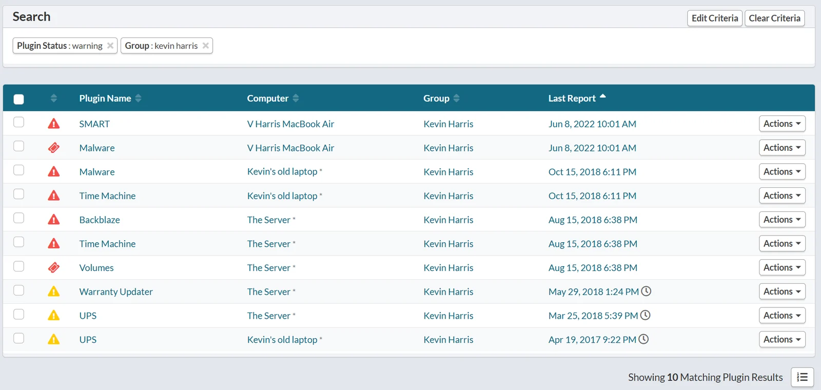 Plugin results filtered to warnings across a client's computers