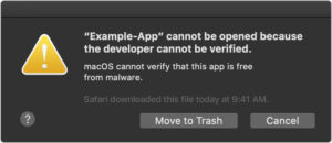 macOS Catalina notarization warning Example Dialog